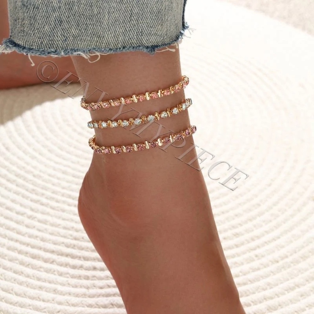 Set of 3 CZ Tennis Anklet, Ice Blue CZ Anklet, Rose Tennis Anklet, Violet Anklet - Picture 2 of 5
